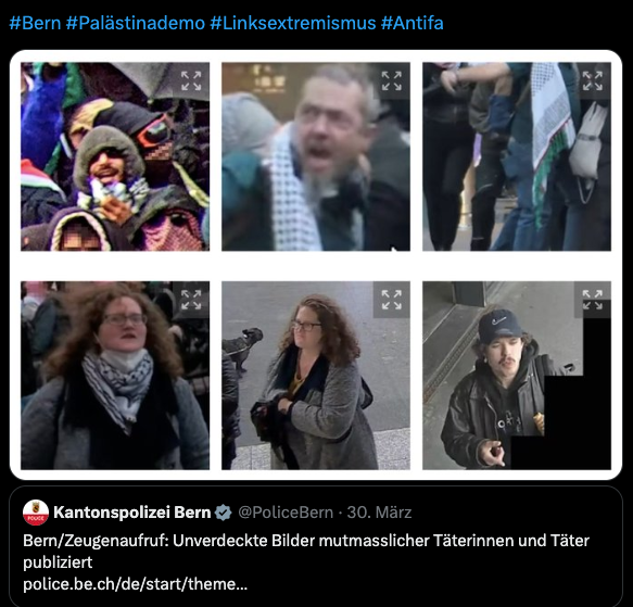 Bern_Linksradikale_Ausschreitungen_Antifa_Aarau Mitglieder der radikalen linksfaschistischen Antifa Aarau verprügeln an einer unbewilligten Demo in Bern Oktober 2025 mehrere Polizeibeamte. Diese Linksextremisten haben bei KanalK ein wöchentliches Sendegefäss. Unten rechts: Basil Schöni vom Magazin Republik und KanalK.